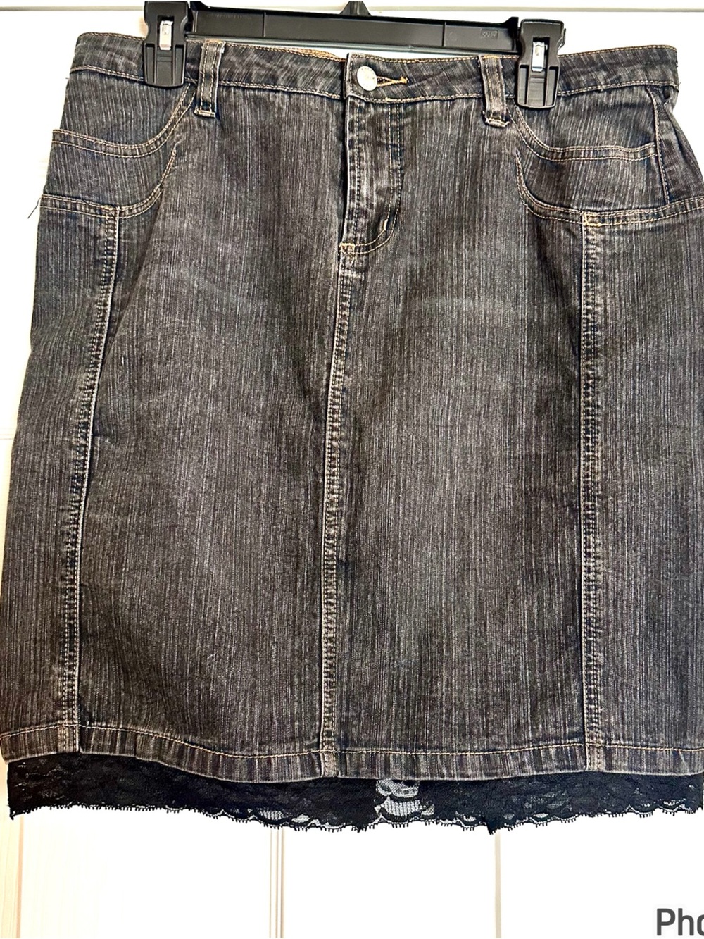 Thalia Sodi Charcoal Gray Denim Mini Skirt with Lace Hem